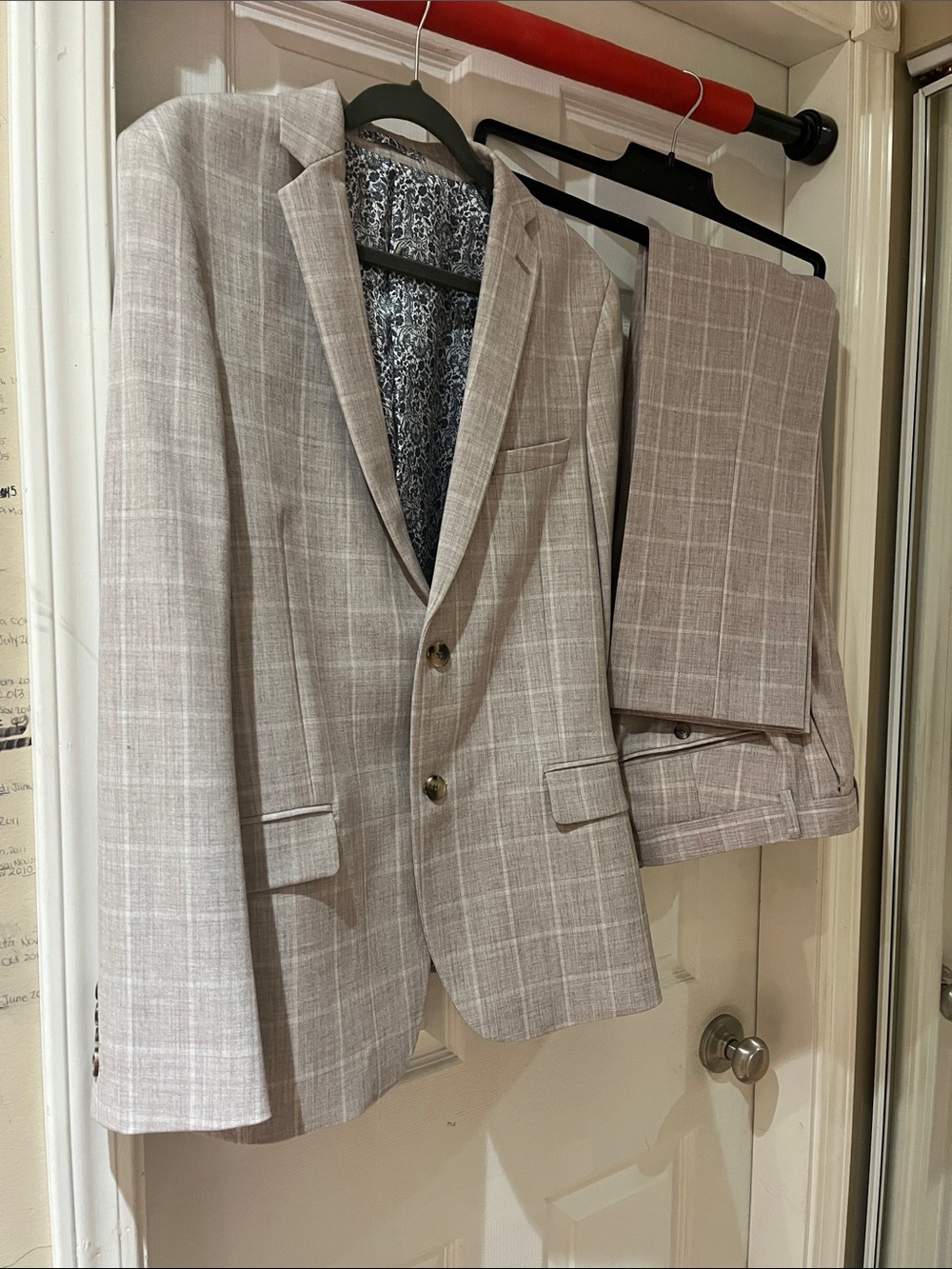 Windowpane Light Beige Men's Suit Blazer & Trousers